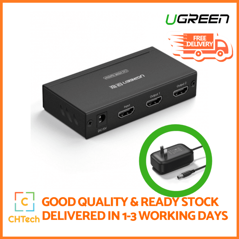 UGREEN 40201 1x2 HDMI Amplifier Splitter Projection: 4K*2K 30Hz/ 1080p@(24/50/60)Hz 1920x1200 Deep color video up to 12bit, 1080p@(24/50/60)Hz 1920x1200; Splits an HDMI source up to two outputs simultaneously, without signal loss; Input port: 1x HDMI female port (Type A connector), Output Ports: 2 x HDMI female ports; Power Supply: 5V 2 Pin Plug; Silk Skin Color Black; Operating Temperature Operating from 0°C ~ 48°C.