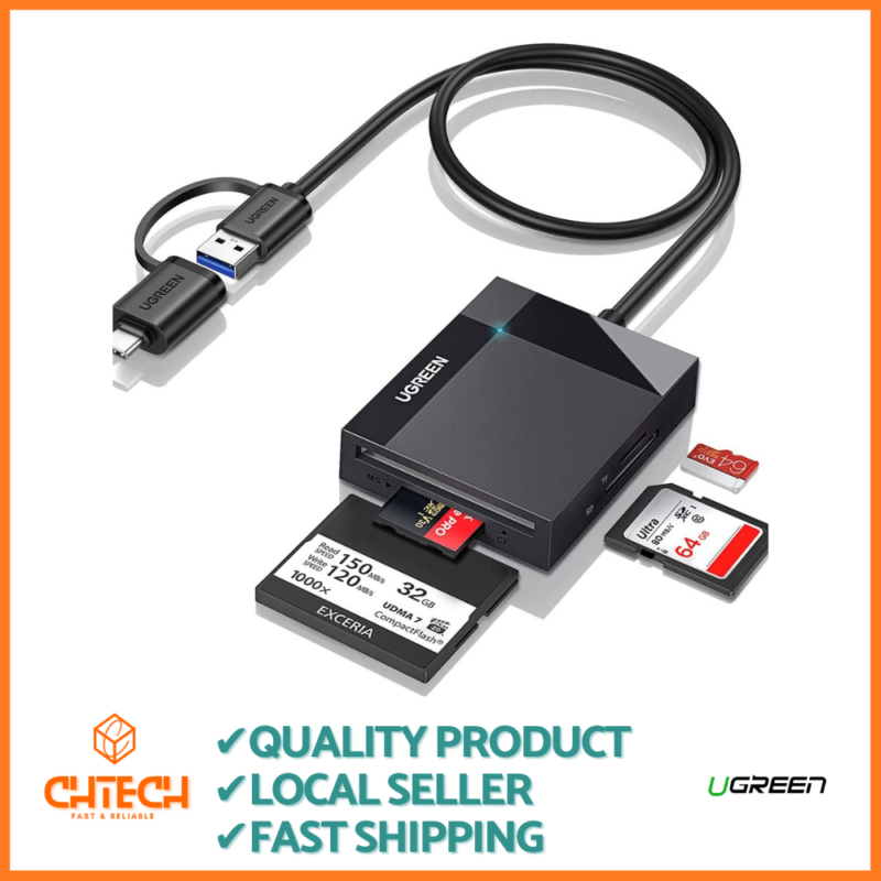 f359e7c64659709dcd53e881d0a2b59d.png 2-in-1 USB Design: Featured with USB-C/USB 3.0 ports, UGREEN SD Card Reader provides a more efficient access to laptops, tablets and phones by USB-A or USB-C(Thunderbolt 3/4) slot 4 Cards Work Simultaneously: Equipped with 4 card slots, the UGREEN Memory Card Reader Adapter is suitable for SD, Micro SD(TF), MS, CF memory cards up to 2TB capacity, which also supports read and write 4 cards at the same time
